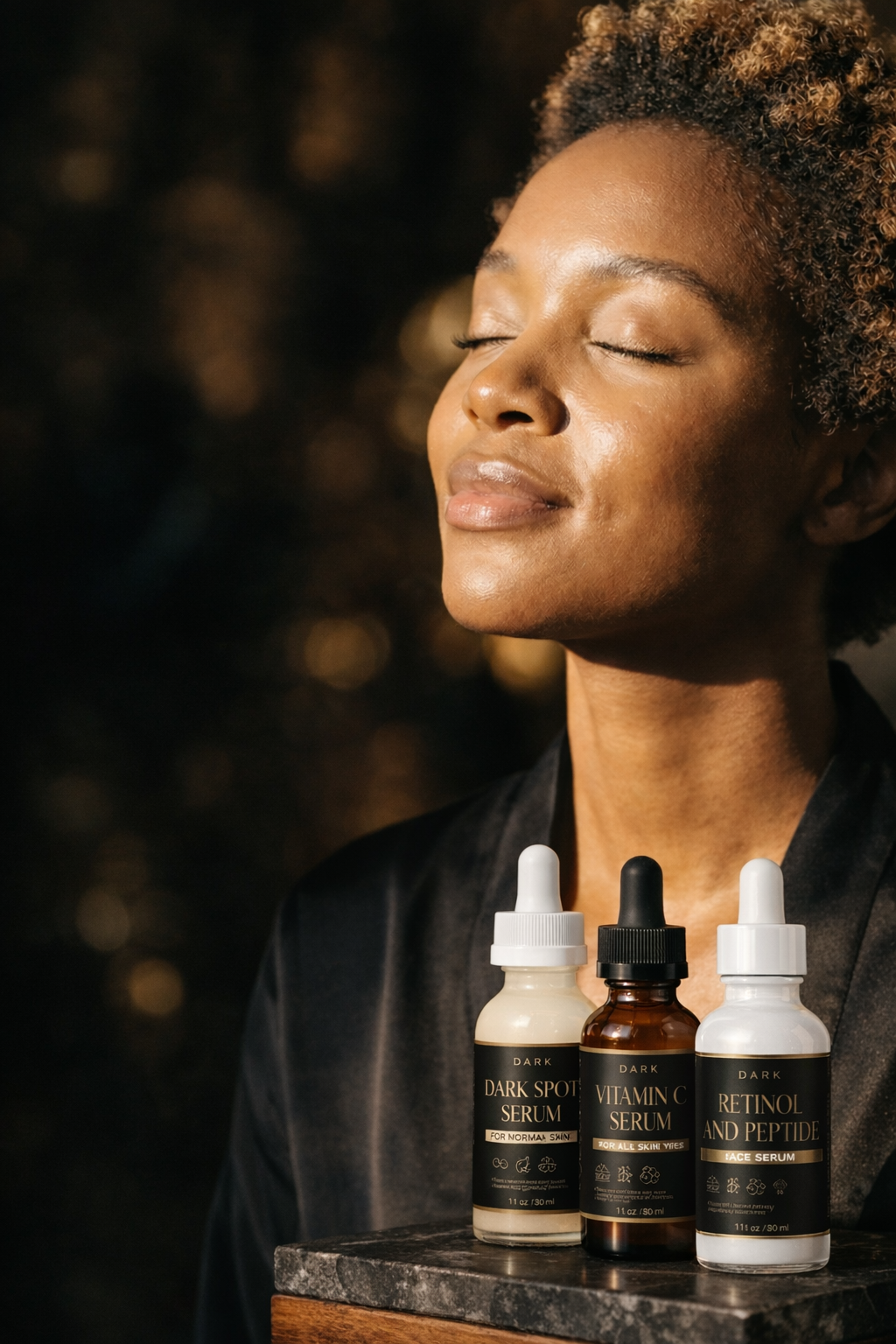 DARK Skincare — Model with glowing melanin-rich skin and 3-serum system